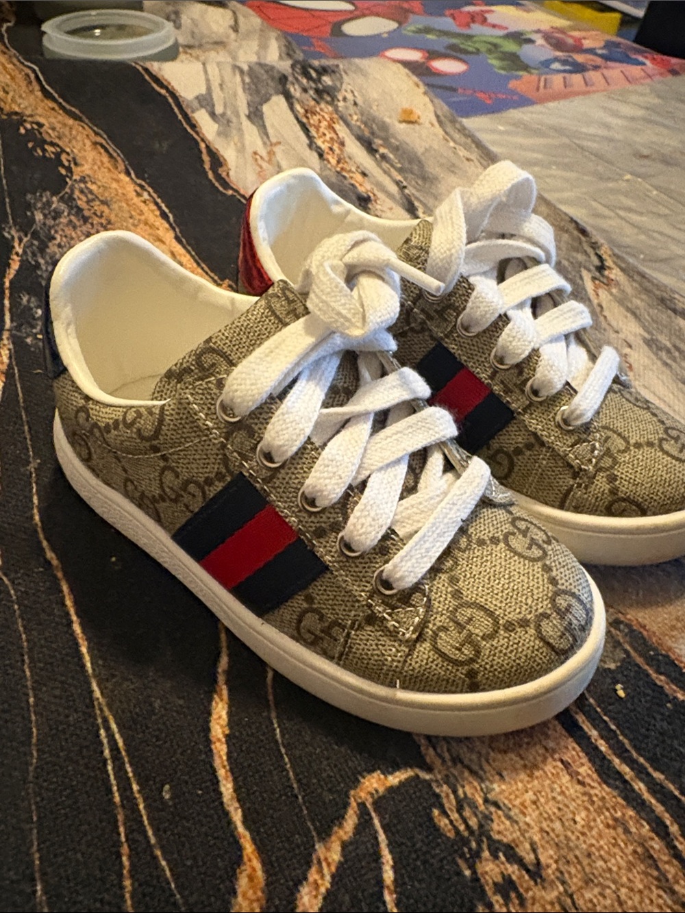 Gucci Kids Beige Monogram Sneakers with Red & Navy Stripe